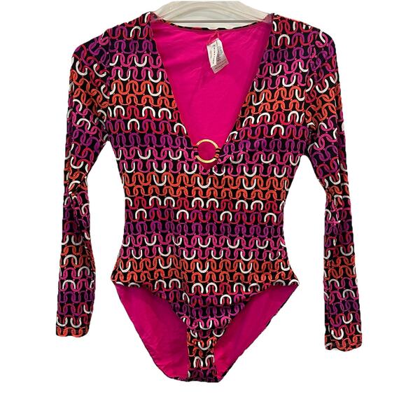 TRINA TURK Multicolor Echo Ring 1 Pc Plunge Paddle Swimsuit Sz Large NWOT - Picture 1 of 7